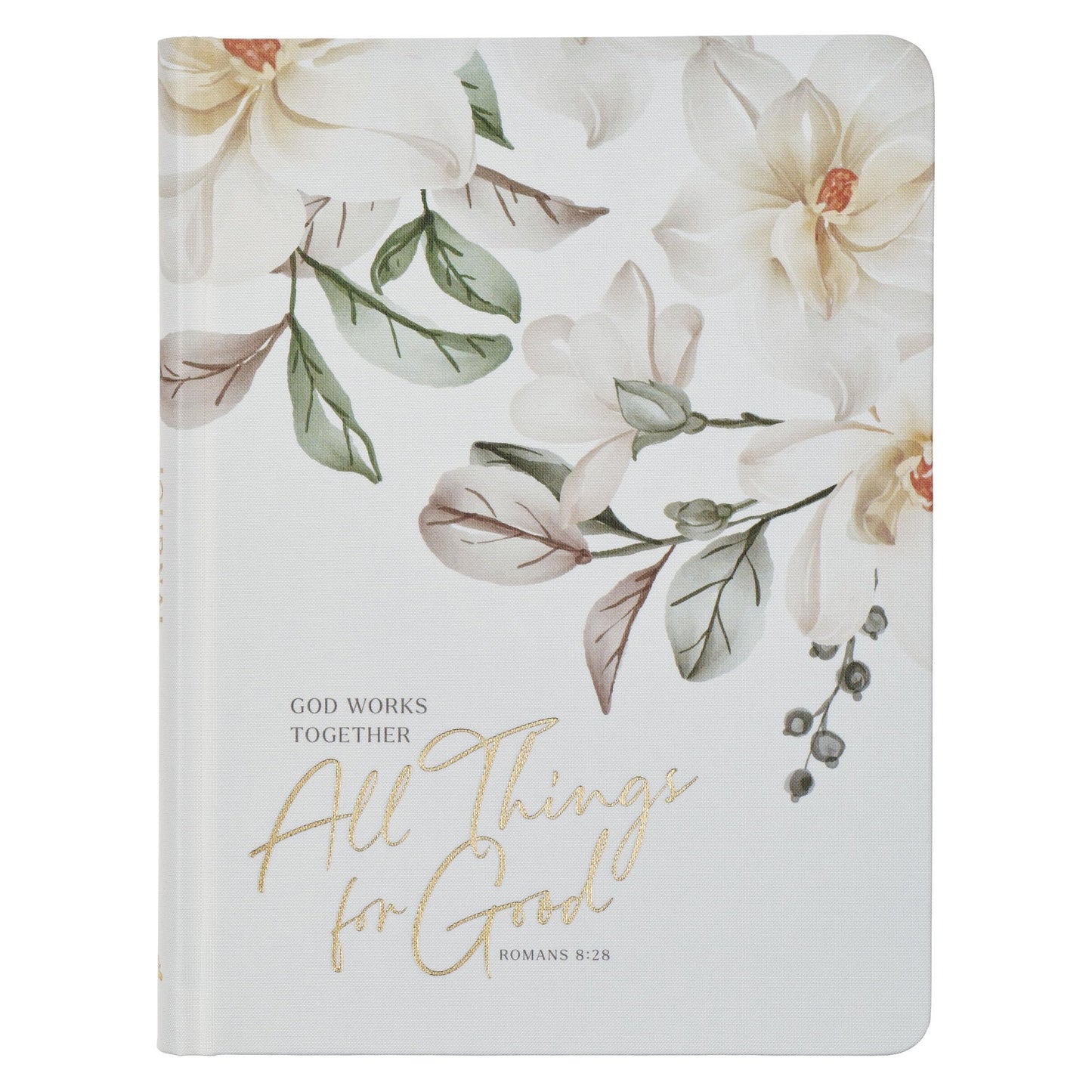 Christian Art Gifts Inspirational Hardcover Journal, All Things For Good Wide Ruled Notebook, Rom. 8:28 Bible Verse, White Floral, 288 Lined Pages w/scripture, (8.3” x 6.2” x .8”)