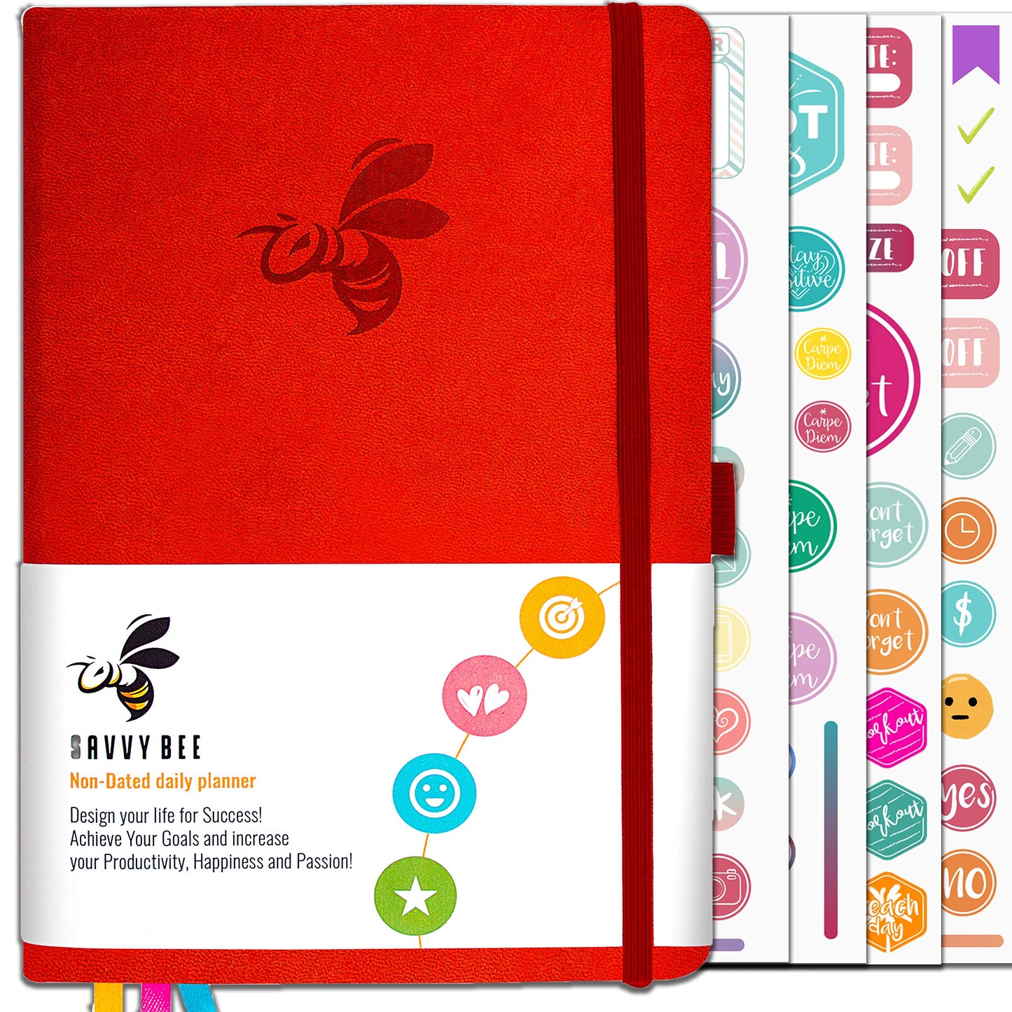 Savvy Bee Undated Planner - Daily Journal for Improved Productivity & Self Mastery - Set Plans, Achieve Goals & Be Your Best Self in 2020 | Free e-Books + 5 Sheets of Stickers | RED