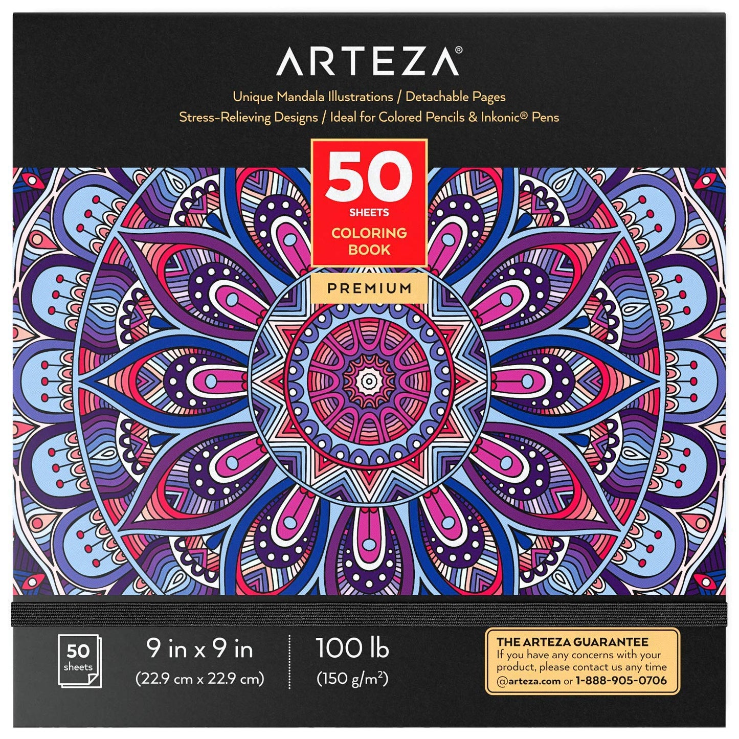 ARTEZA Adult Coloring Book, Mandala Designs, 9x9 Inches, Stress-Relieving Coloring Pages with 50 One-Sided Images, 100 lb Paper