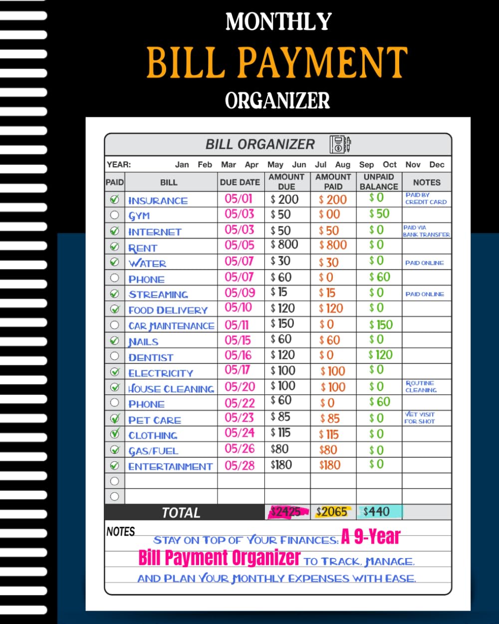 Bill Organizer: bill payment organizer. expense tracker . bill payment tracker. Monthly Organizer for 9 Years - 4037