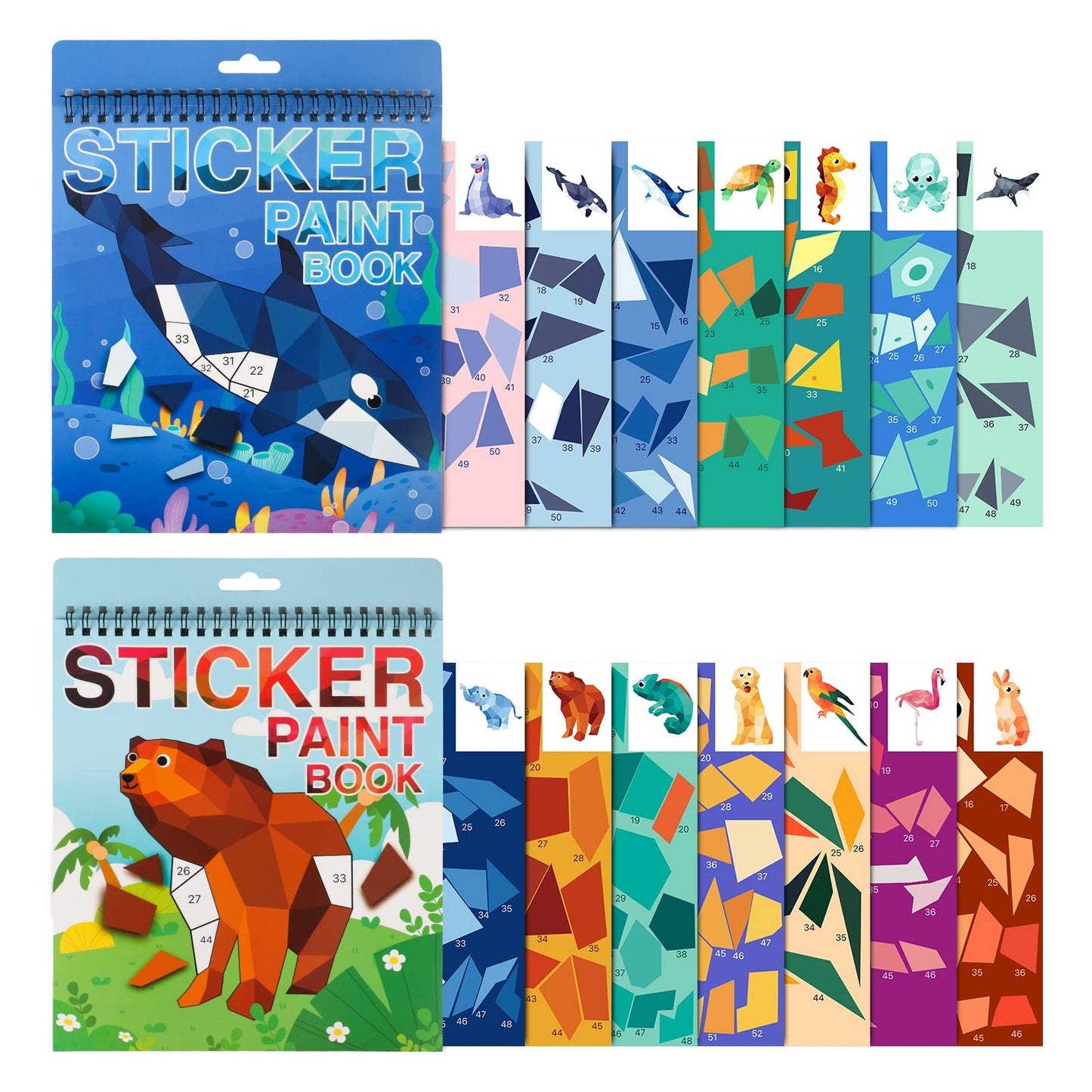 2PCS Crafts for Kids Ages 4-8,8-10 Sticker Paint Number Books Sticker Books for Kids Animal and Ocean Stickers for Birthday Easter Party Favor Road Plane Car Travel Activity (Ocean+Animal) - 140