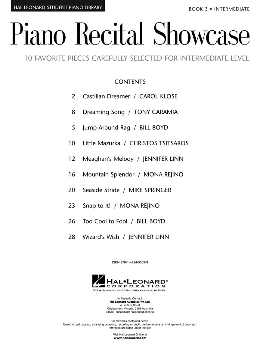 Piano Recital Showcase - Book 3: 10 Favorite Pieces Carefully Selected for Intermediate Level (Hal Leonard Student Piano Library) - 6015