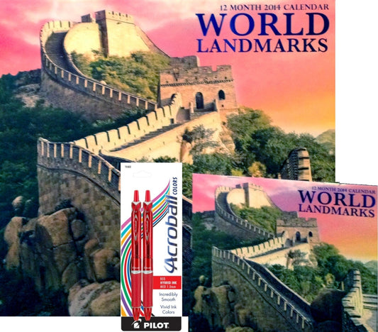 2014 World Landmarks 12 Month Calendar, 2014 World Landmarks Mini Calendar Included, Bonus: Pilot Acroball Retractable Hybrid Gel Ball Point Pens, Red 2-pack