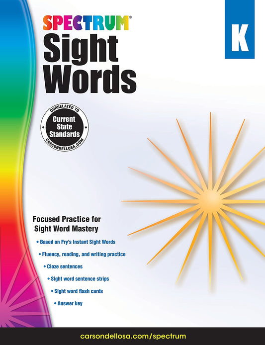 Spectrum Sight Words Kindergarten Workbooks, Phonics Book With Reading and Writing Practice, Vocabulary, Sentence Strips, and Flash Cards, Language Arts Classroom or Homeschool Curriculum