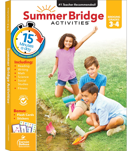 Summer Bridge Activities 3rd to 4th Grade Workbook, Math, Reading Comprehension, Writing, Science, Social Studies, Fitness Summer Learning Activities, 4th Grade Workbooks All Subjects With Flash Cards - 5174