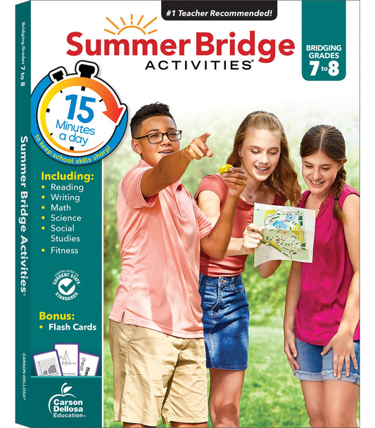 Summer Bridge Activities 7th to 8th Grade Workbooks All Subjects, Middle School Books With Math, Reading Comprehension, Science, Fitness, Social Studies, Writing Practice, and Flash Cards - 1926