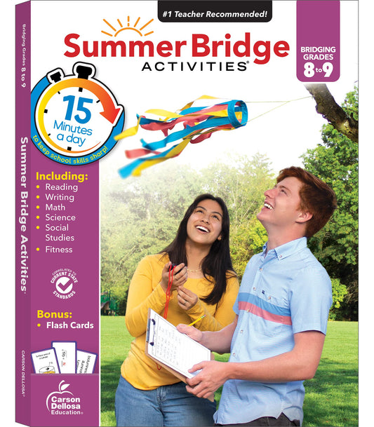 Summer Bridge Activities 8th to 9th Grade Workbooks All Subjects, Middle School Books With Math, Reading Comprehension, Science, Fitness, Social Studies, Writing Practice, and Flash Cards - 5543