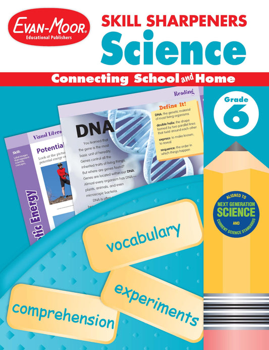 Evan-Moor Skill Sharpeners Science Workbook, Grade 6, Physical, Life, and Earth Science, Activities, Chromosomes and DNA, Genetics, Energy, Weather Causes, Plate Tectonics, Climate Change, Homeschool