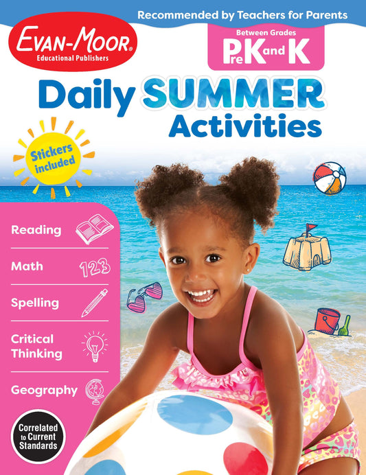 Evan-Moor Daily Summer Activities, Grades PreK-K Workbook, Stickers, Prevent Learning Loss, Reading, Writing, Math, Alphabet, Letter Recognition, Numbers, Counting, Shapes, Colors, Learning Fun - 755