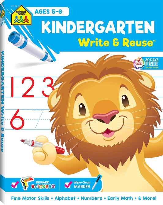 School Zone Kindergarten Write & Reuse Workbook: 52 Wipe-Clean Pages, Spiral Bound, Write-On Learning, Write & Wipe, Early Math, Includes Dry Erase Marker (School Zone Write & Reuse Workbook)