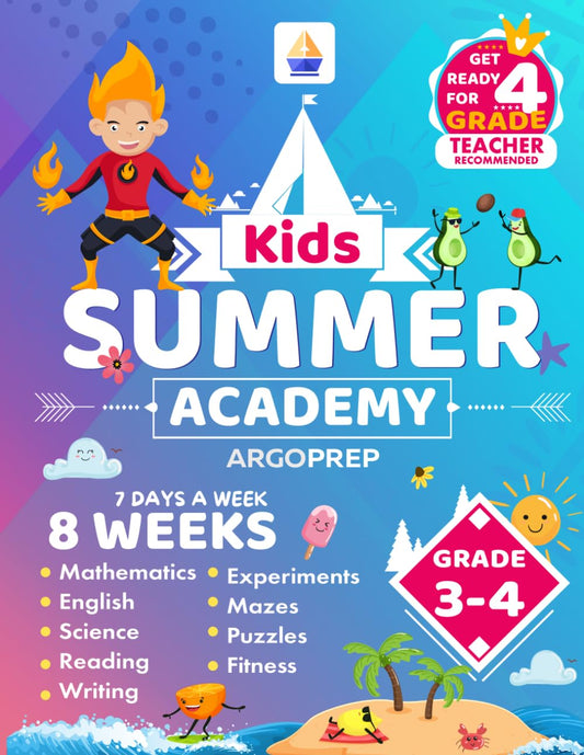 Kids Summer Academy by ArgoPrep - Grades 3-4: 8 Weeks of Math, Reading, Science, Logic, Fitness and Yoga | Online Access Included | Prevent Summer Learning Loss - 3953