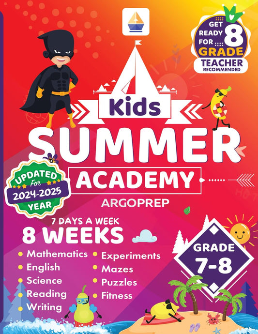 Kids Summer Academy by ArgoPrep - Grades 7-8: 8 Weeks of Math, Reading, Science, Logic, Fitness and Yoga | Online Access Included | Prevent Summer Learning Loss - 3562