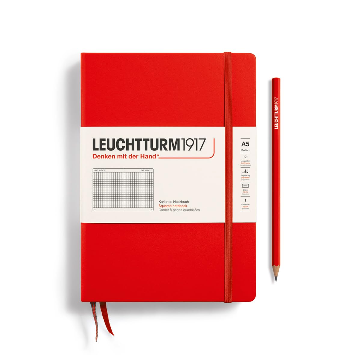 LEUCHTTURM1917 - Notebook Hardcover Medium A5-251 Numbered Pages for Writing and Journaling (Red, Squared)