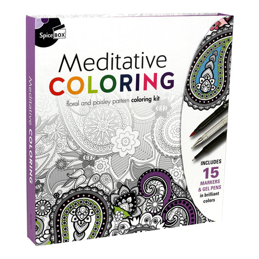 SpiceBox Meditation Paisley and Floral Coloring Book Set, Calming Relaxing Mindfulness Meditative Kit with Markers and Gel Pens, Art Craft Hobby Kits for Adults - 3244