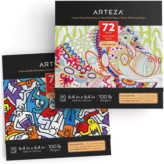ARTEZA Adult Coloring Book, Animal & Doodle Designs, 2 Pack, 72 Sheets Each, 6.4x6.4 Inches Coloring Pages, 100 lb Paper, Gray Outlines - 3783
