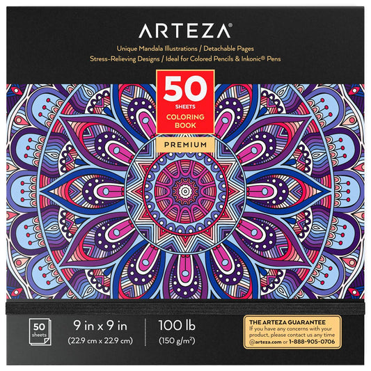 ARTEZA Adult Coloring Book, Mandala Designs, 9x9 Inches, Stress-Relieving Coloring Pages with 50 One-Sided Images, 100 lb Paper
