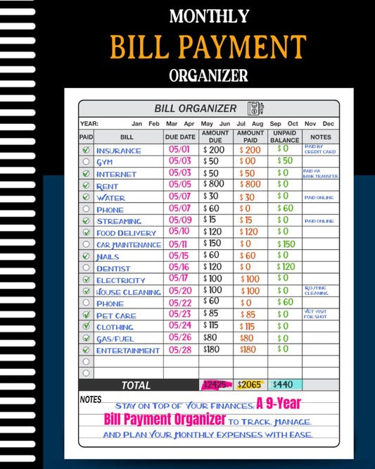Bill Organizer: bill payment organizer. expense tracker . bill payment tracker. Monthly Organizer for 9 Years - 4037