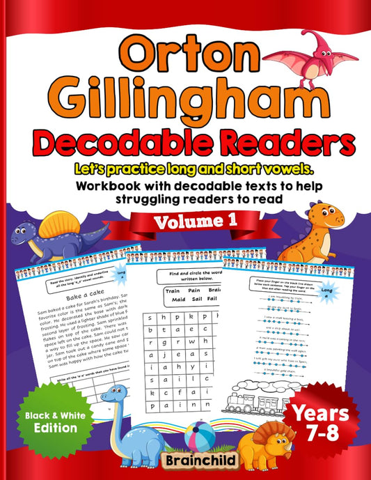 Orton Gillingham Decodable Readers: let’s practice long and short vowels. Workbook with decodable texts to help struggling readers to read. Black and White Edition. Volume 1. - 6424