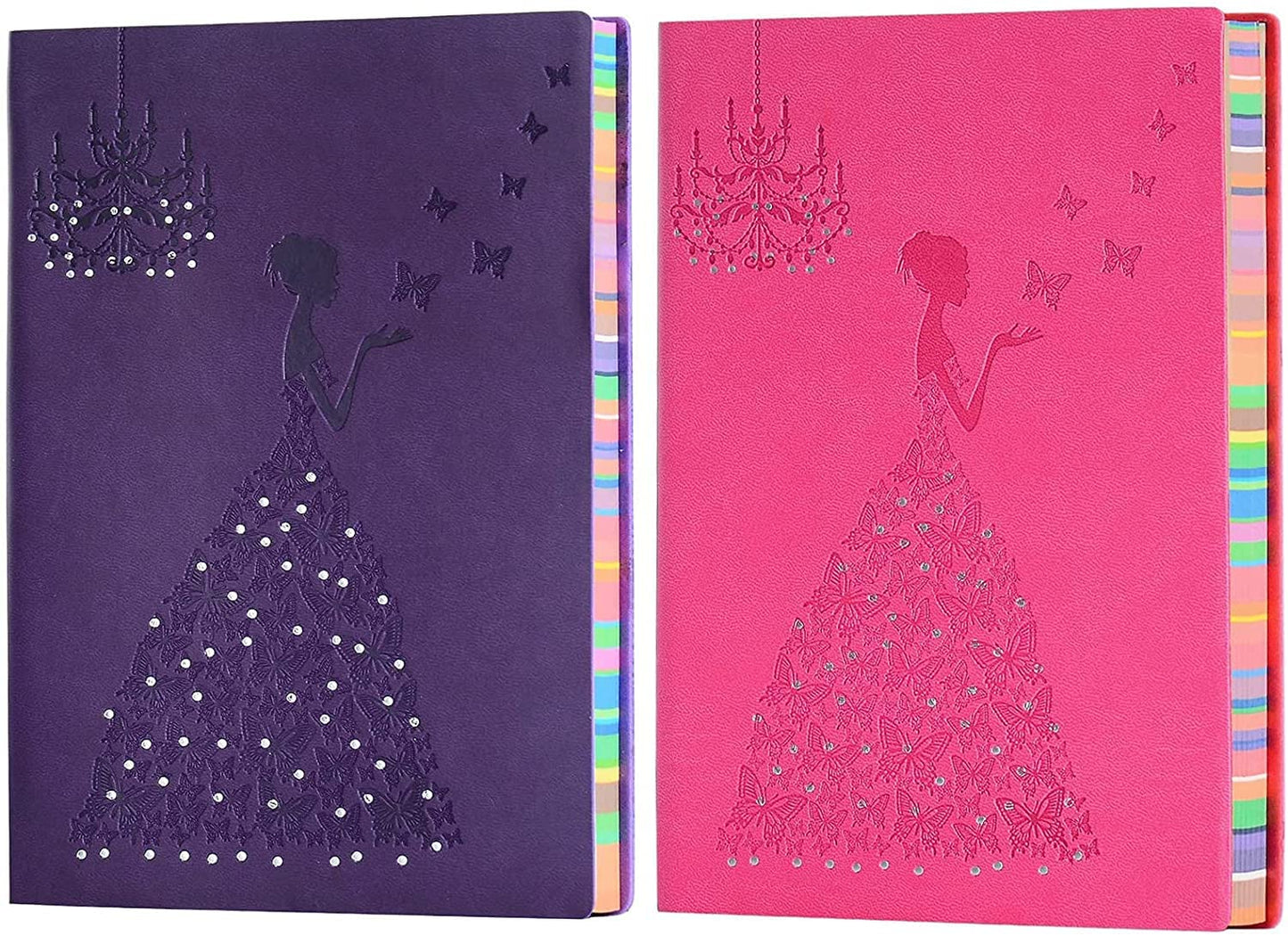 SEEHAN 2 Pack of A5 Leather Journal, A5 Planner Lined Journal Leather Notebook Princess Butterfly Journal Writing Journals for Girls Women,Purple Journal + Pink Journal
