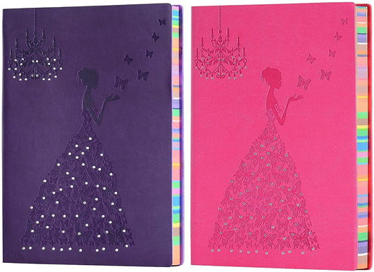 SEEHAN 2 Pack of A5 Leather Journal, A5 Planner Lined Journal Leather Notebook Princess Butterfly Journal Writing Journals for Girls Women,Purple Journal + Pink Journal