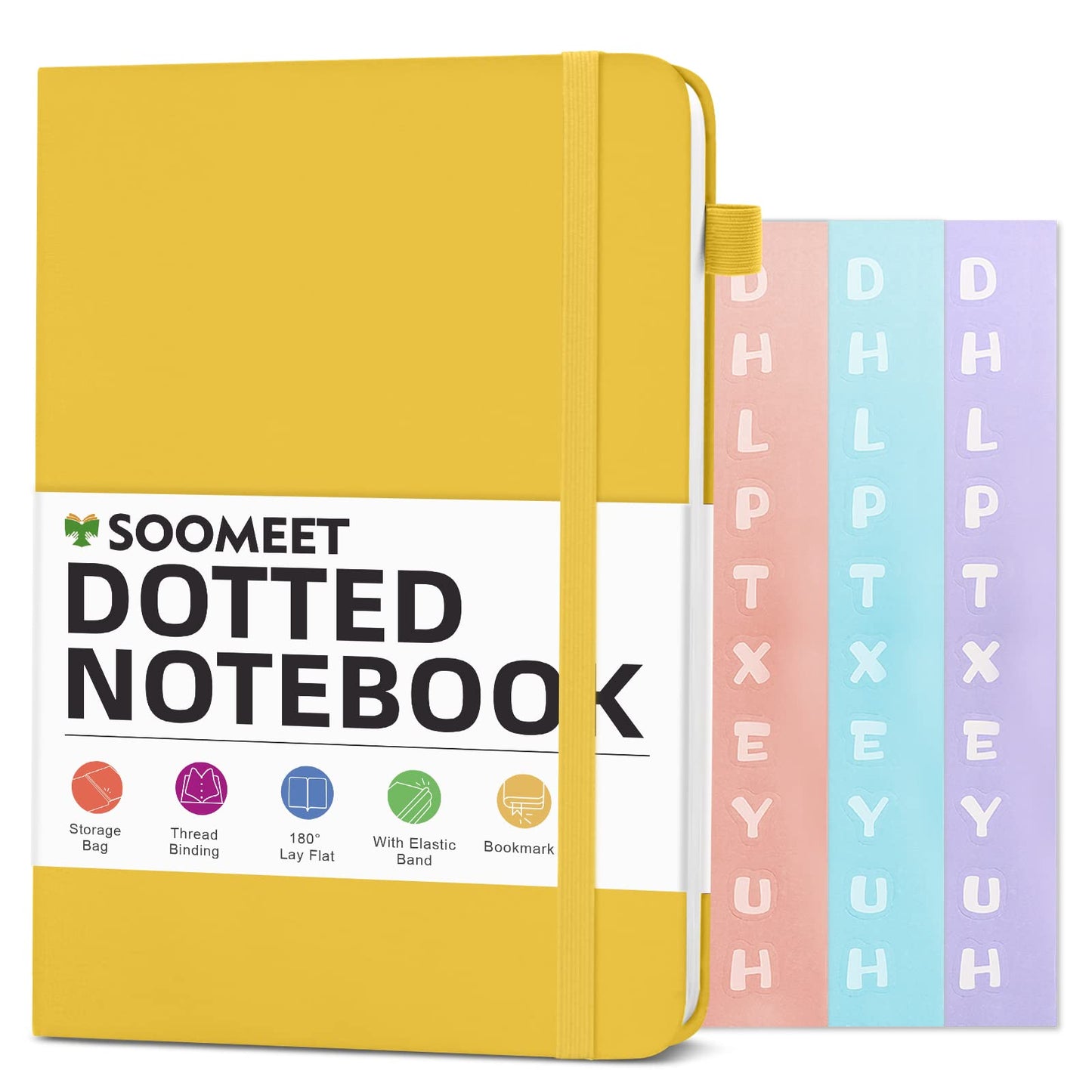 Soomeet Dotted Journal Notebooks with Pen Loop, Hardcover Leather Notebook, 100Gsm Premium Thick Paper with Inner Pocket, Stickers, A5, 5.7 x 8.3 inches(Yellow)