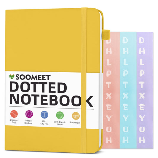Soomeet Dotted Journal Notebooks with Pen Loop, Hardcover Leather Notebook, 100Gsm Premium Thick Paper with Inner Pocket, Stickers, A5, 5.7 x 8.3 inches(Yellow)
