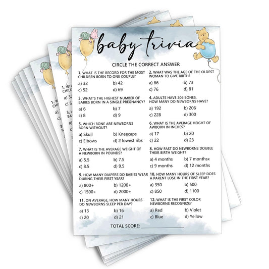 Winnie Baby Shower Games - 30pcs Baby Trivia Game - Fun Baby Shower Game Activity, Gender Neutral Baby Shower Games For Boy Or Girl